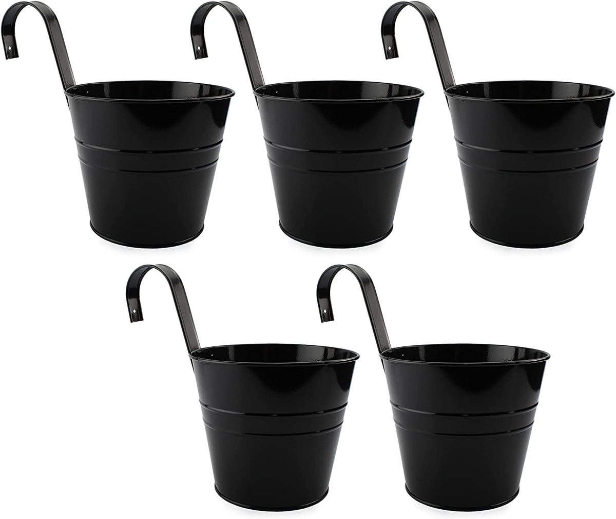 Darware 5-Pack of 6-Inch Black Metal Hanging Flower Pots with Drainage Holes for Indoor/Outdoor Use