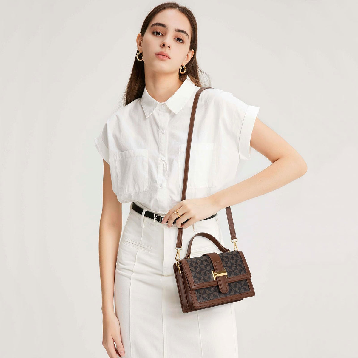 KKXIU Crossbody Bags for Women - Top Handle Purses for Lady, Leather Handbags Shoulder Clutch with Adjustable Shoulder Strap (Brown Checkered)
