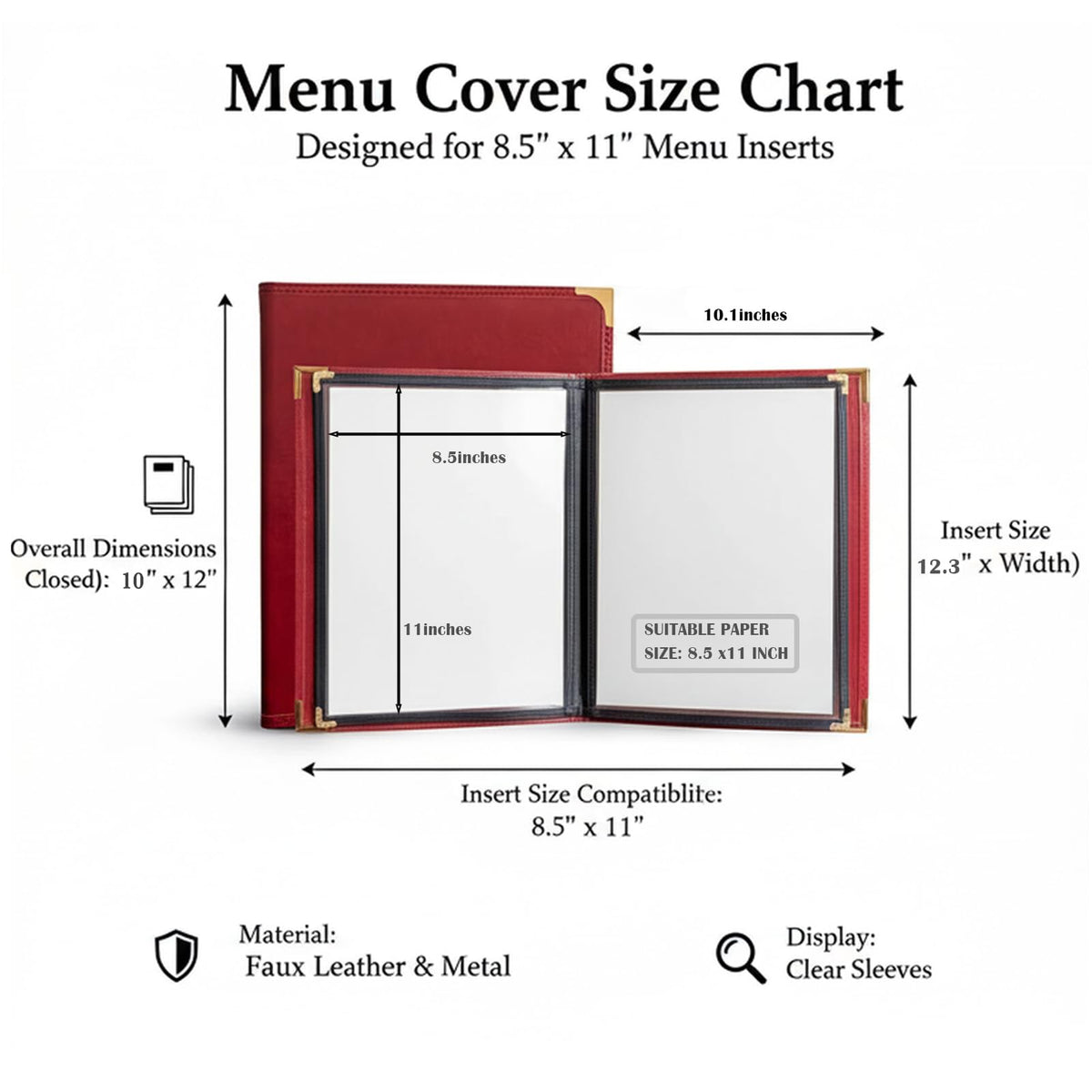 2-Pack Menu Covers 8.5x11 Inch, Burgundy Red Faux Leather Menu Holder, 2-Page 4-View Menu Book for Restaurant Bar Steakhouse, Wine List & Drink Menu