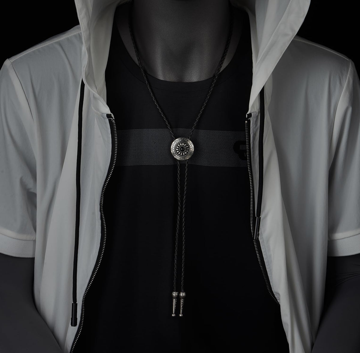 COOLSTEELANDBEYOND Vintage Medallion Sunburst Pattern Bolo Tie Necktie, Lariat Rodeo Y Necklace, Black Braided Leather