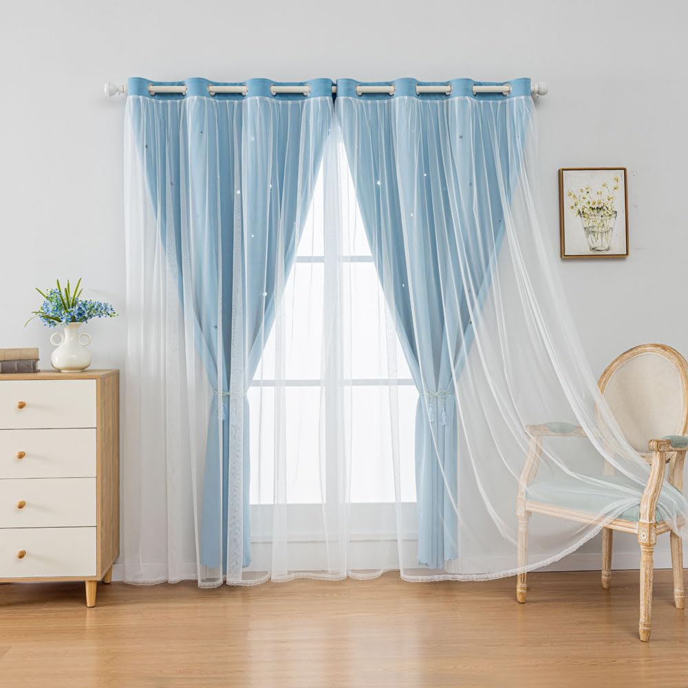 FANLI 2 Panels Star Blackout Curtains for Kid Girls Bedroom Living Room Darking Stripe Double Layer Star Cut Out Wall Home Decor Gradient Grommet Window Curtains (Blue 72L)