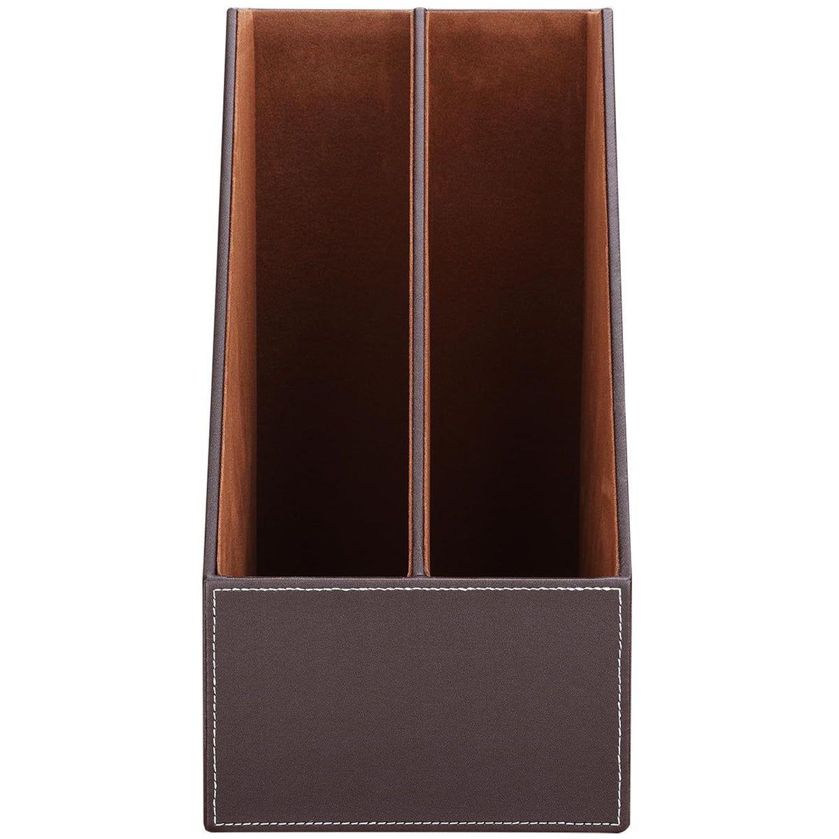 KINGFOM Wooden Leatherette Desktop File Folder Organizer and Document File Stand Journals Magazine Rack 2 Slots (brown)