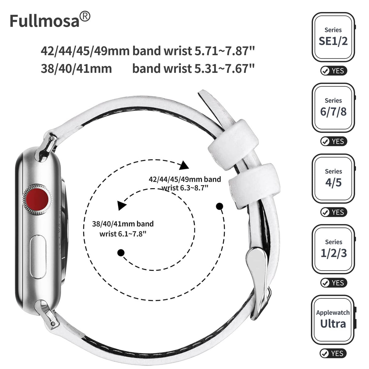 Fullmosa Compatible with Apple Watch Band Leather 49mm 46mm 45mm 44mm 42mm 41mm 40mm 38mm for iWatch Series 11/10/9/8/7/6/5/4/3/2/1, Ultra3/2/1, SE3/2/1, White + silver buckle
