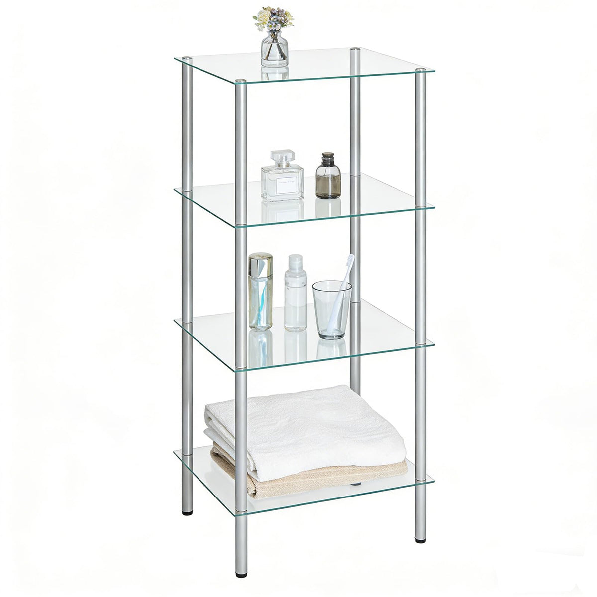 HOOBRO Glass Shelf, 4 Tier Bathroom Standing Shelf Unit, Tempered Glass Shelving Stand for Small Space, Perfume Stand Organizer, Space-Saving, for Bathroom, Bedroom, Steel Frame, Silver SV04CJ01