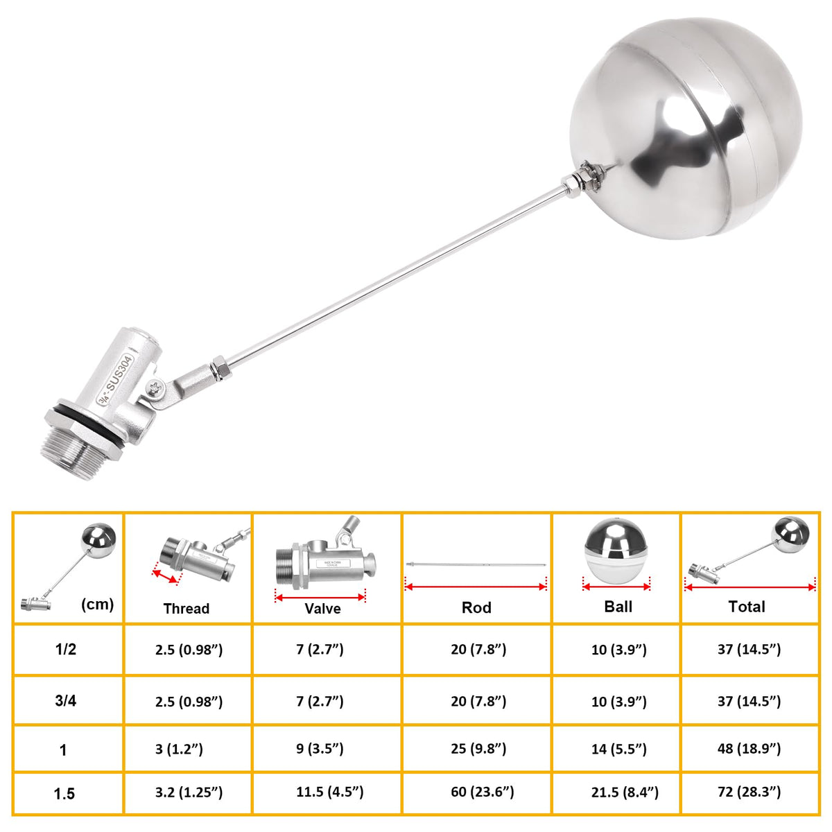 DERPIPE Stainless Steel Float Ball Valves - 3/4" NPT Male Thread Flow Control Float Sensor Valve Automatic Water Level Control Float For Tank Pond Water Tower