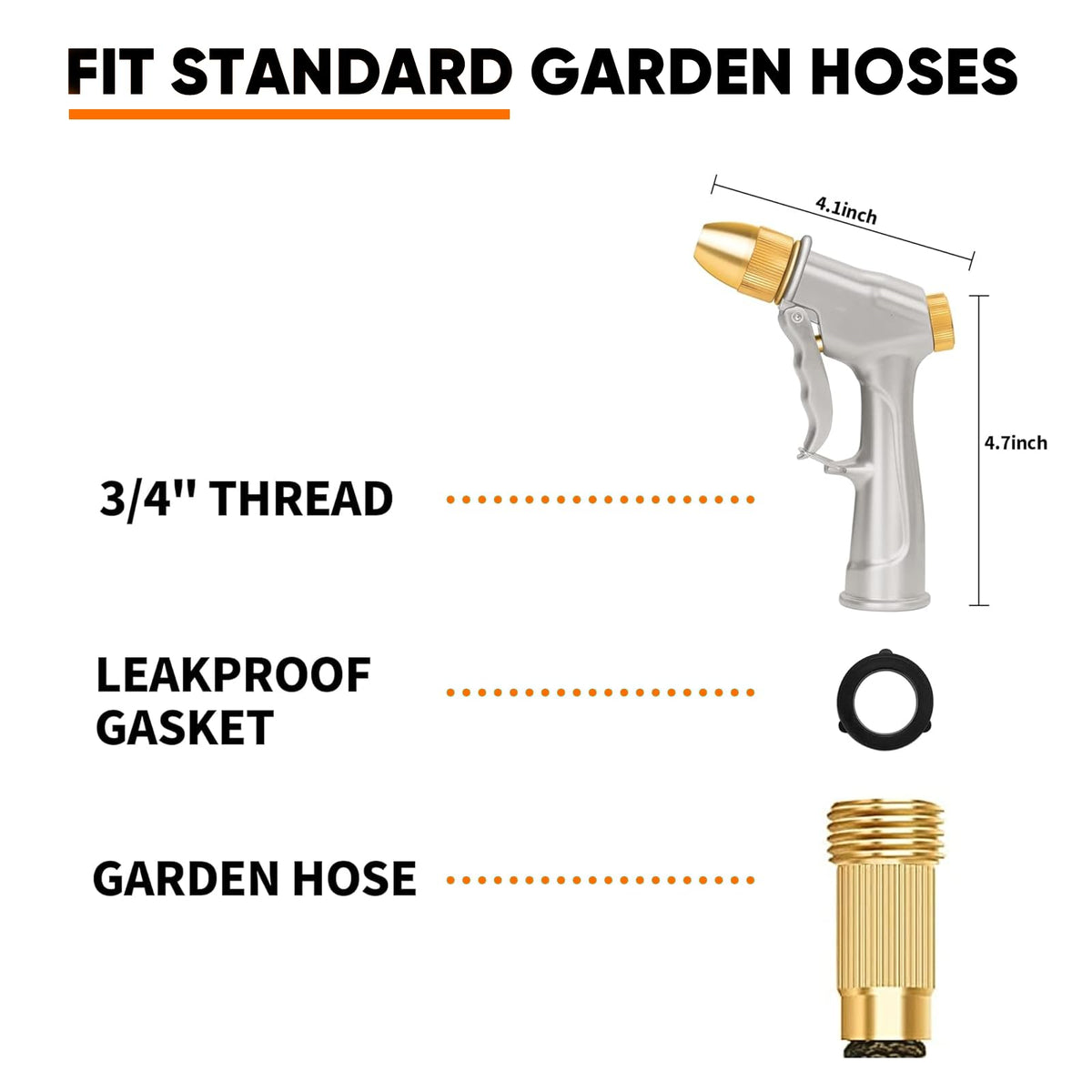 Garden Hose Nozzle, Heavy-Duty Outdoor Water Sprayer with 4 Spray Patterns Leak-Proof Brass Nozzle for Watering Plants, Car Washing, Pet Bathing