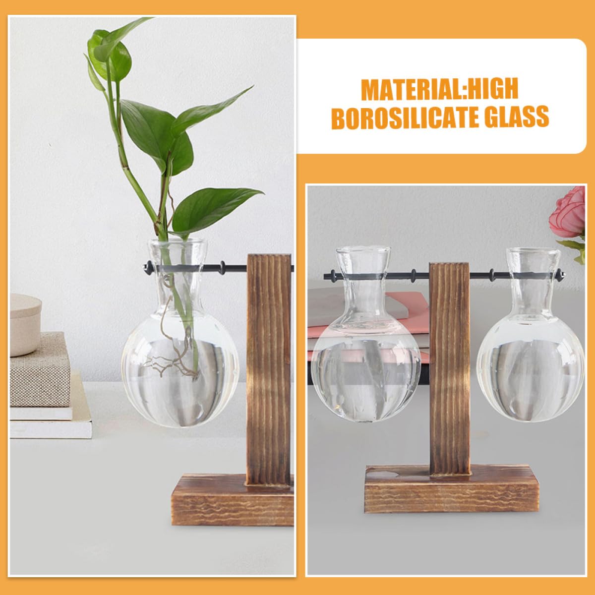 MOBUTOFU 3pcs Hydroponic Propagation Glass Containers with Wooden Stand, High Borosilicate Plant Terrarium Glass Holders for Indoor Desktop Decoration
