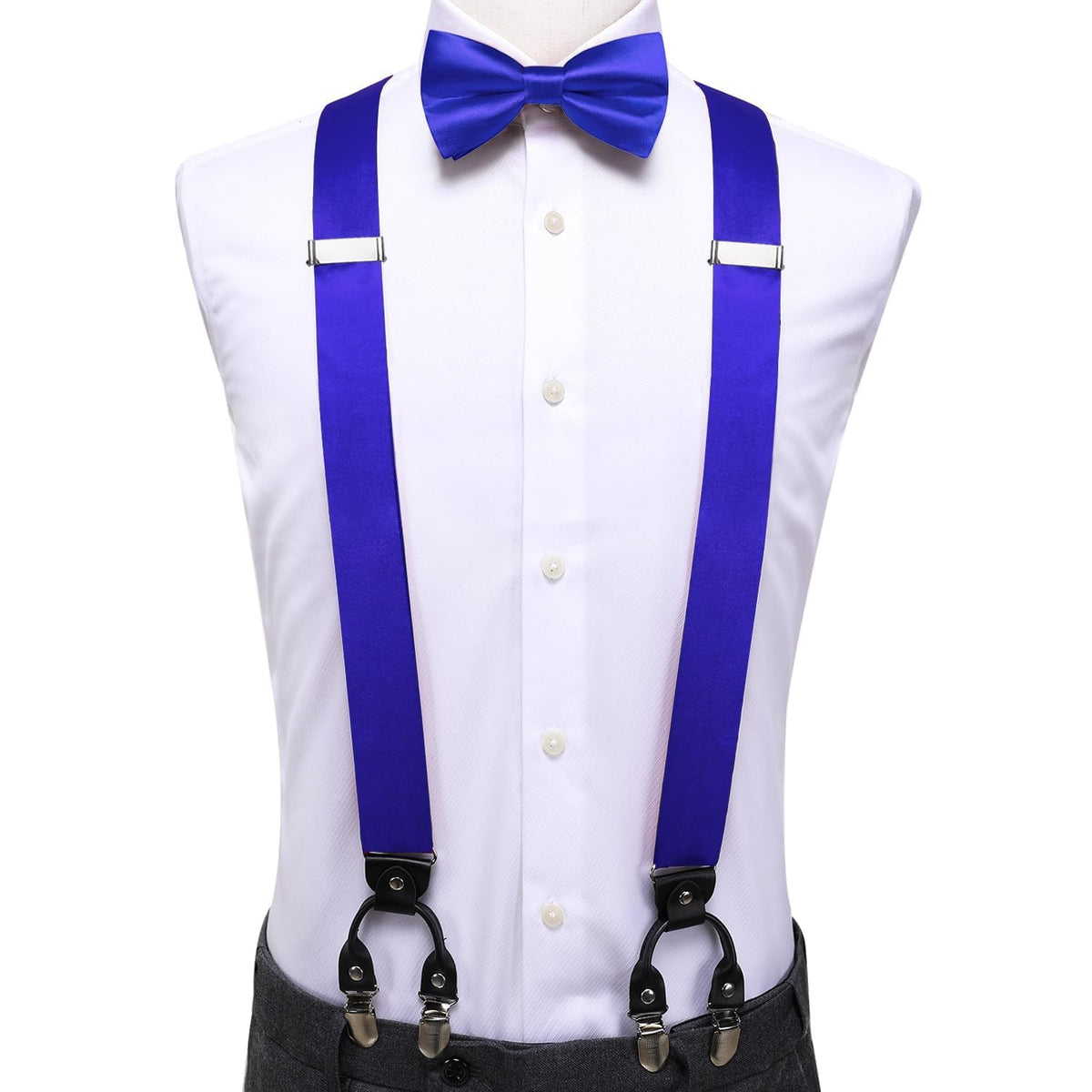 Hi-Tie Royal Blue Satin Suspender Bowtie Set for Men Suspenders Pre-tied Bow Tie Pocket Square Cufflinks Adjustable Y Shape 6 Clips Braces Tuxedo
