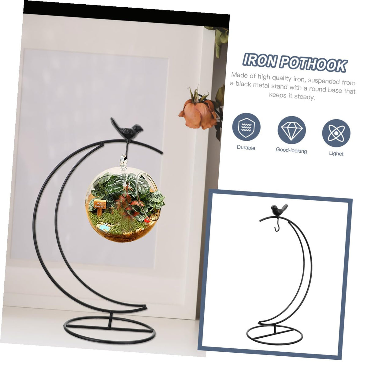SOLUSTRE Moon Shaped Bird Iron Stand Hanging Flower Pot Holder for Glass Terrarium Decorative Pothook Display Stand for Home and Office Decor for Indoor Plant Arrangement