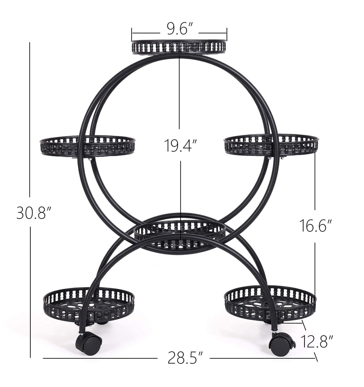 unho Metal Plant Stand 6-Potted: Flower Pot Holder with Wheels 4 Tier Display Shelf Rack for Patio Balcony Yard Garden Home Decor, Black