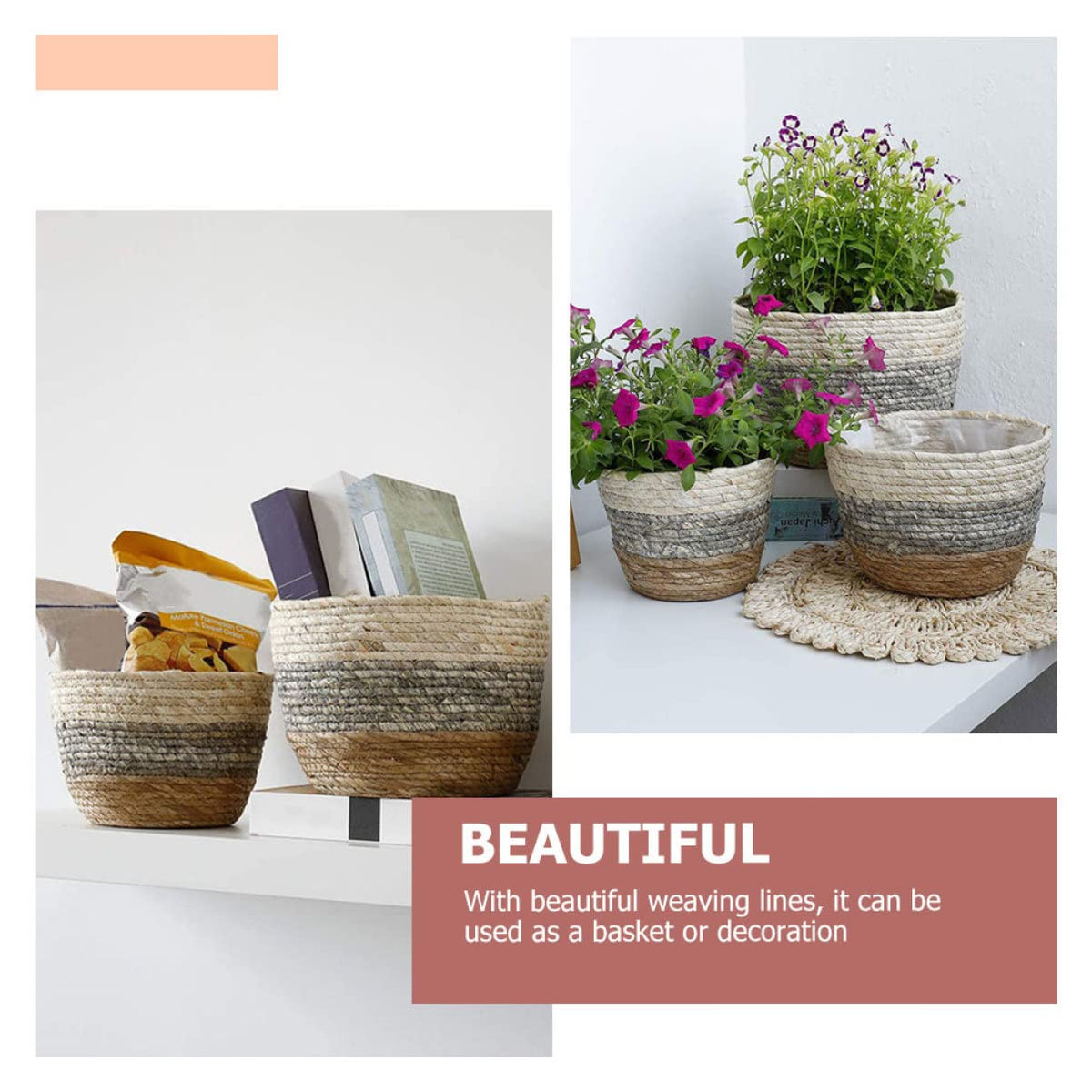 UKCOCO 2Pcs Multi Purpose Woven Flower Seagrass Plant Pots for Decor Delicate Floral Planters for Balcony Garden