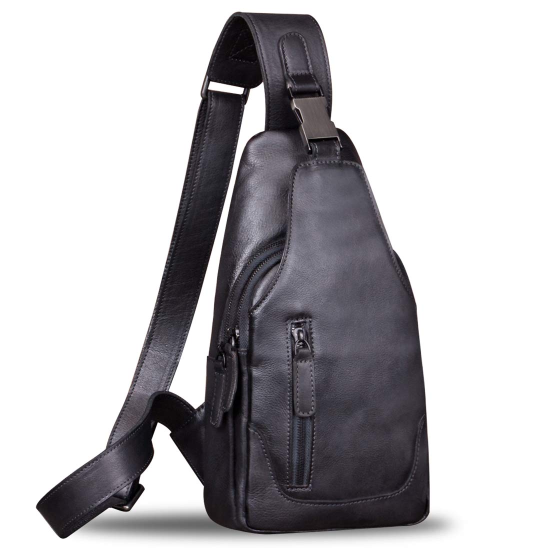 Genuine Leather Sling Bag for Men Chest Shoulder Crossbody Hiking Backpack Vintage Handmade Daypack (Black)