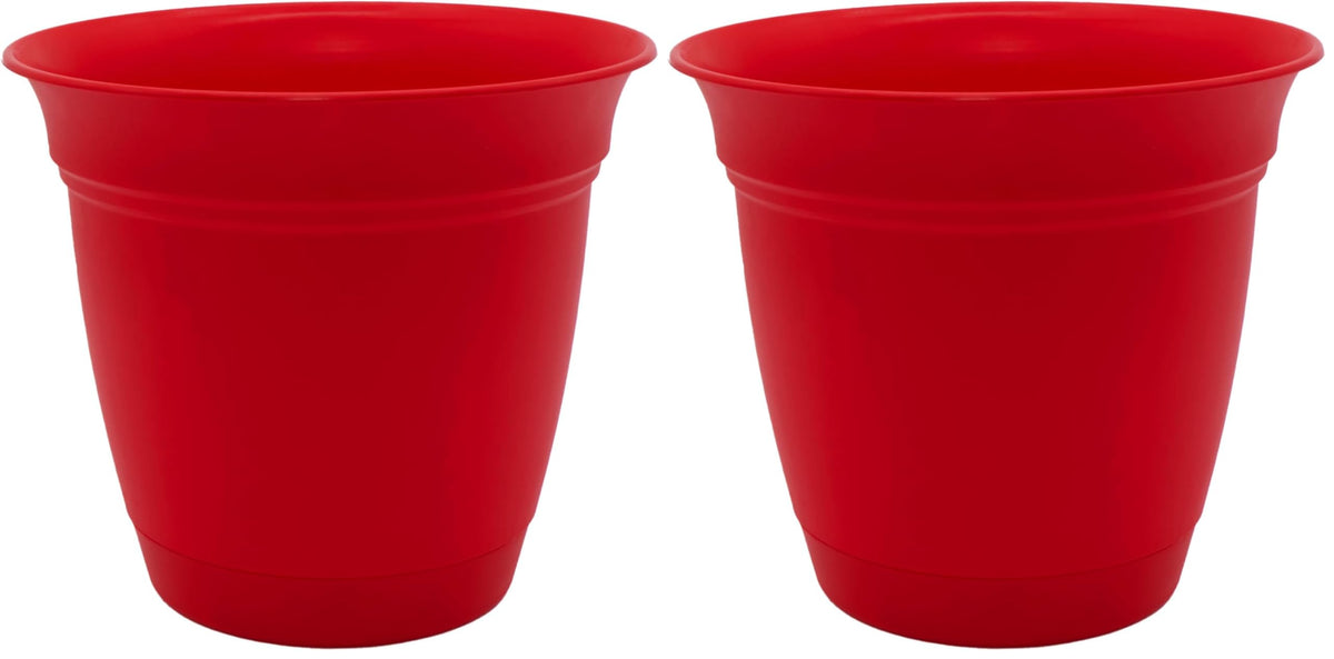 The HC Companies 8 Inch Eclipse Round Planter with Saucer - Indoor Outdoor Plant Pot for Flowers, Vegetables, and Herbs, Strawberry Red (Pack of 2)
