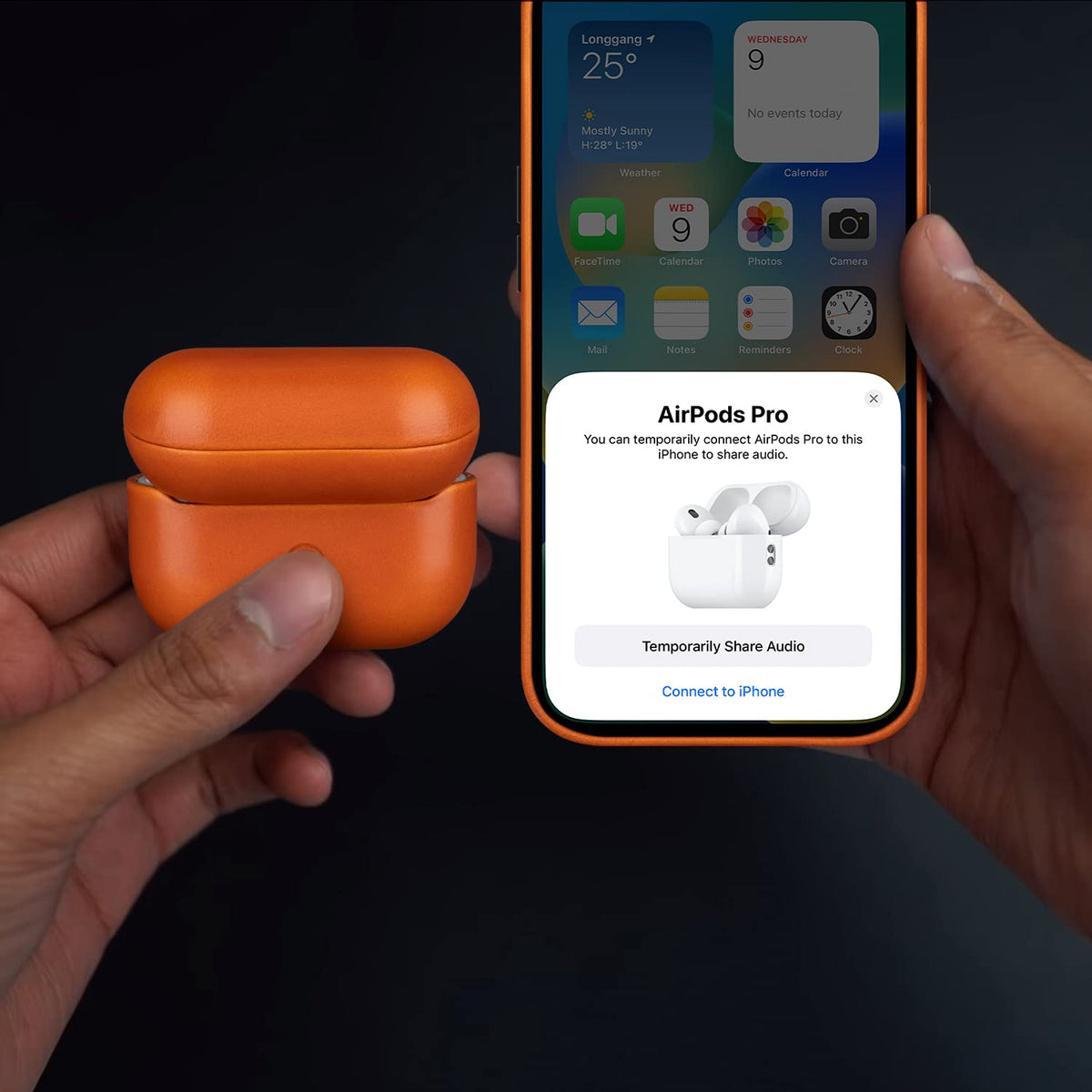 Maogoam for AirPods Pro 2 Leather Case Cover with Button, Genuine Crystal Vegetable Tanned Oil Wax Leather Case for AirPods Pro 2nd Generation, Elegant Style, Front LED Visible, Orange
