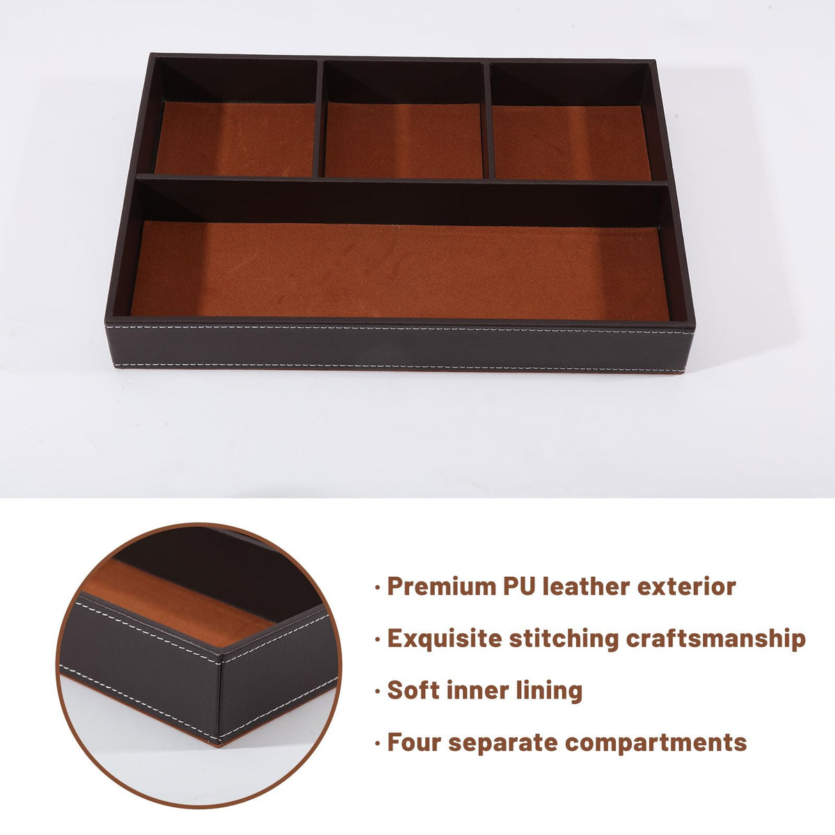 CONCHLERY 2 Pcs Desk Drawer Organizer 4 Grid PU Leather Drawer Storage Organizer Multi-Purpose Storage Desktop Organizers Tray for Office Home, Brown, 30.3x20.3x4.15cm