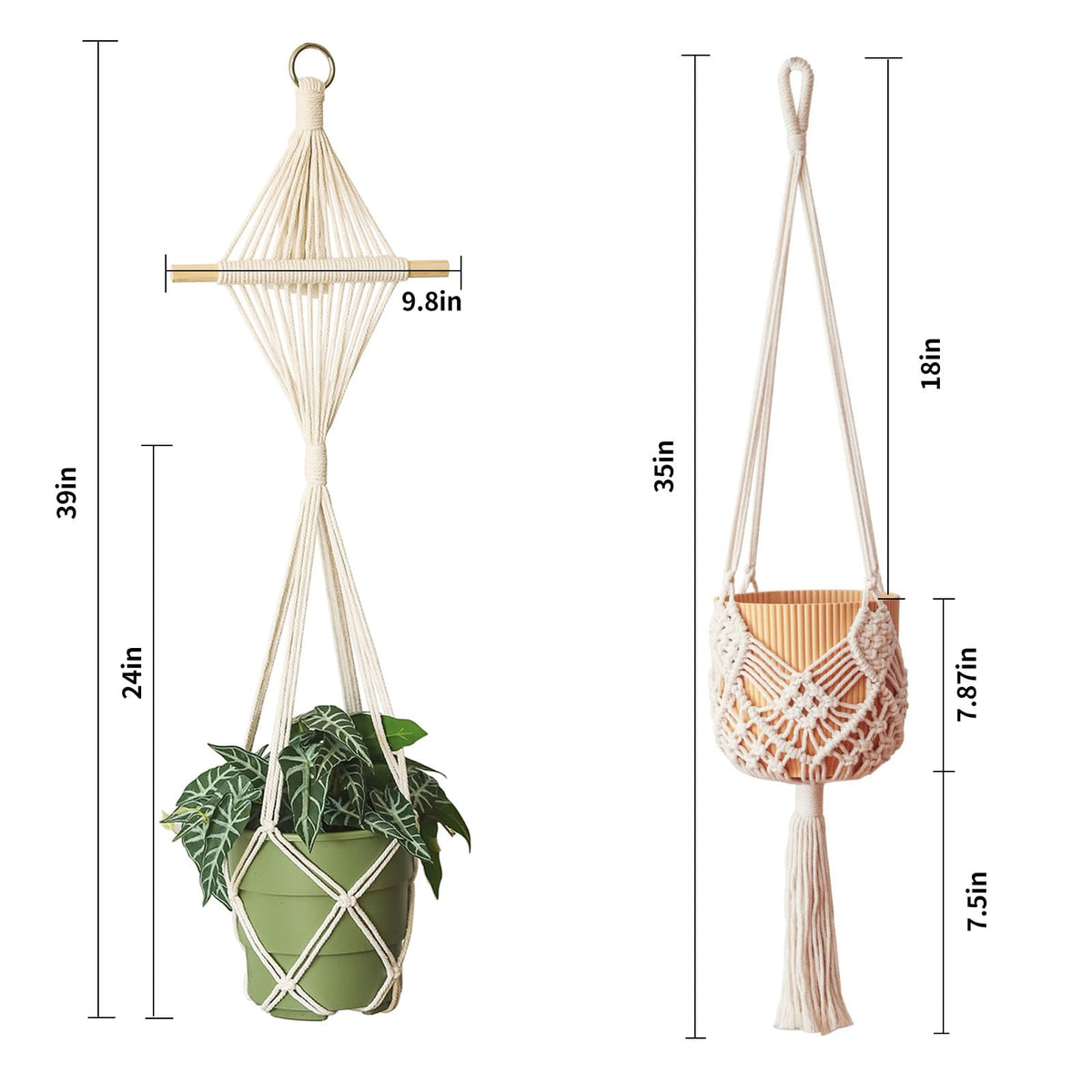 XINBOR 4 Pack Macrame Plant Hangers Indoor Up to 10 inch Pot, Boho Hanging Planters, Plant Holder with 8Pcs Stainless Steel Hooks (4Pcs Gray Hanger)