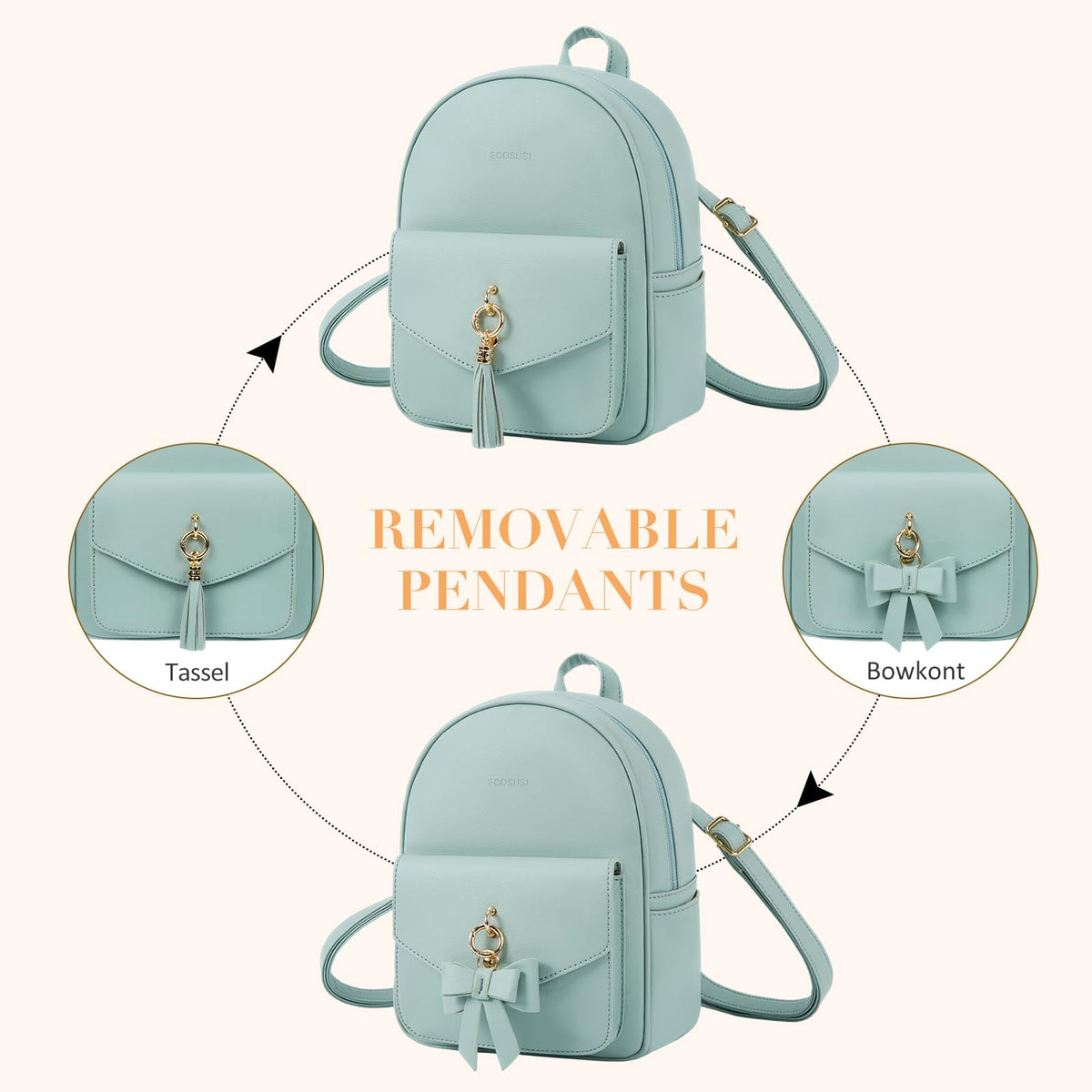 ECOSUSI Mini Backpack for Women Girls Cute Bowknot Small Backpack Purse Ladies Leather Bookbag Satchel Bag, with Charm Tassel Green