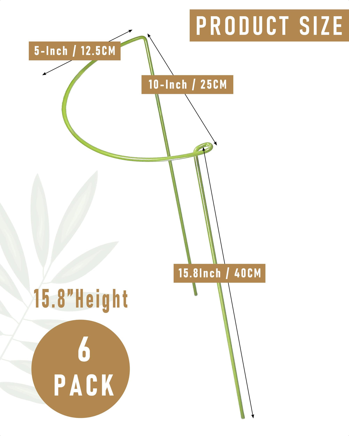 YEOAUM 6-Pack Plant Support Stakes, Steel Stakes for Indoor Plants, Monstera & Peony Support, Tall Plant Sticks for Snake Plant, Climbing Vines, Metal Garden Stakes (10" W x 15.8" H)