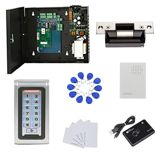 MENGQI-CONTROL Waterproof Metal Keypad Reader Standard North American Strike Lock TCPIP 1 Door Access Control System 110-240V Power Box +RFID Key Fob/Card