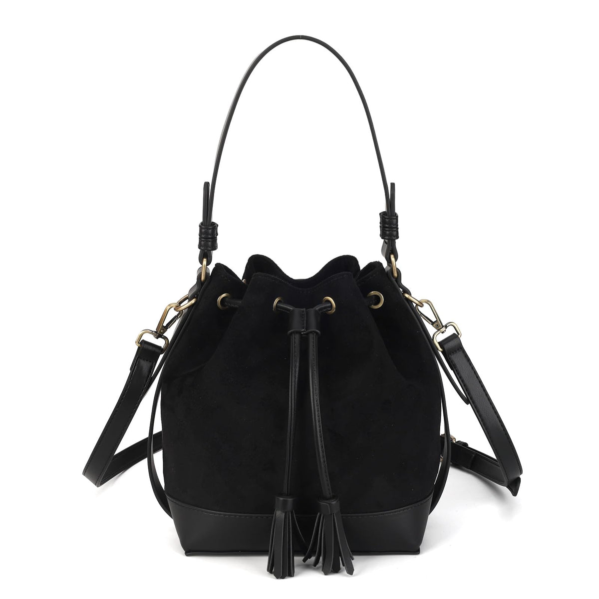 AFKOMST Faux Suede Bucket Bags and Drawstring Crossbody Boho Purse for Women Medium Hobo Handbags with 2 Shouder Straps (Black)