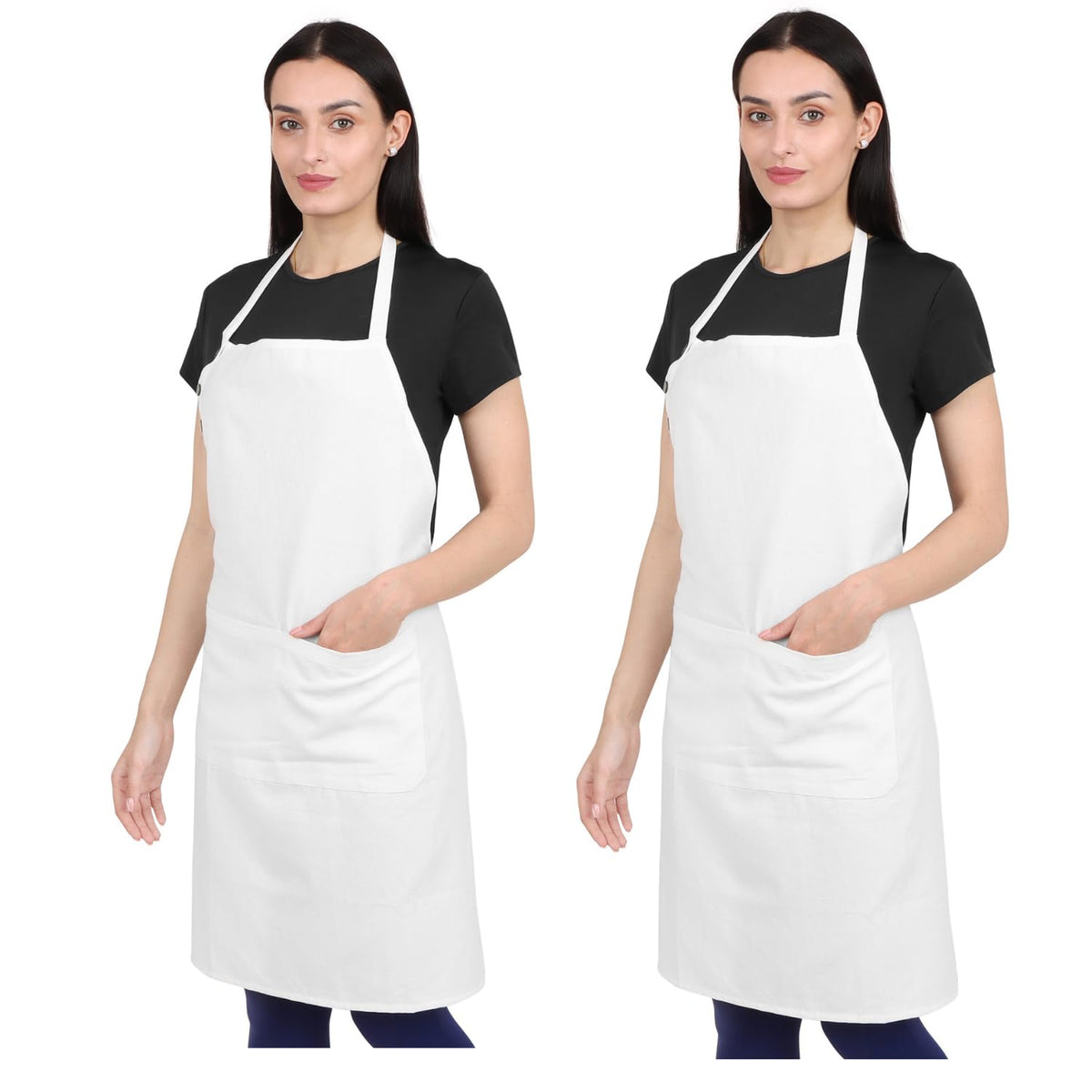 Natural Craft 2 pack Cotton Kitchen Apron, White, 33 Inches Long, 2 Pockets, Adjustable, Machine Washable