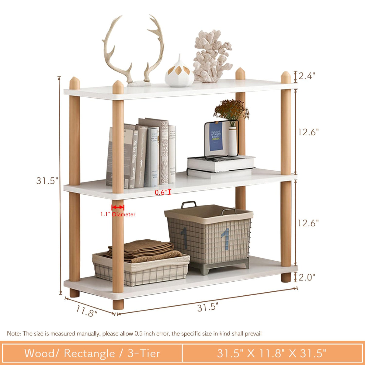 IOTXY 3-Tier Wooden Shelf Bookcase - Modern Open Bookshelf, Free Standing Storage Rack, Multifunctional Display Stand for Home and Office, White, Rectangle