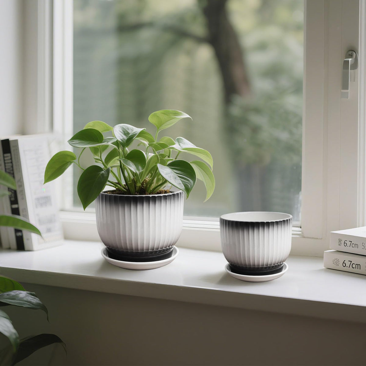 YUFDA 6.7 + 5.5 Inch Ceramic Plant Pots,Set of 2,Planters with Drainage and Saucer,Indoor Pots for Plants,Modern Flower Pots for Home and Office（Black + White）