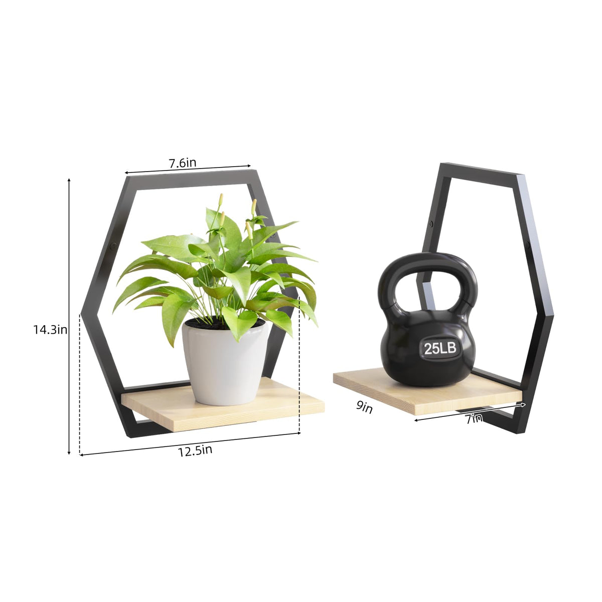 Rioneta 3 Pack Solid Wood & Heavy Duty Metal Wall Plant Stands,9 inch Natural Wood Shelf, Boho Arch Hanging Planter for Indoor 25 LB Load for Plants Black
