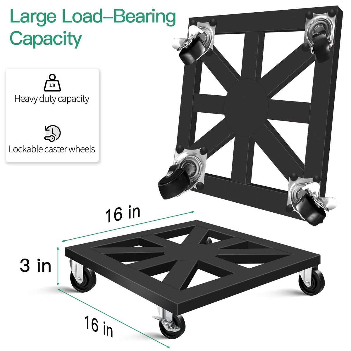 LLAXERGU Plant Caddy with Wheels, 16'' 2 Pack Metal Rolling Plant Stand Square Plant Dolly with Iron Lockable Casters Heavy Duty Pot Mover Rollers, Holds up 400 Lbs Planter