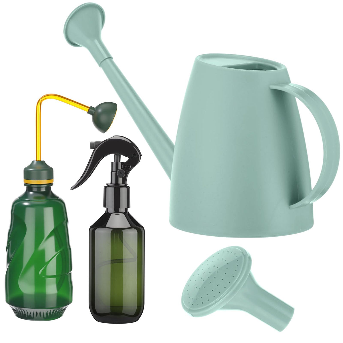 Reallnaive 1/2 Gallon Long Spout Watering Can Set for Indoor & Outdoor Plants – Includes Spray Bottle, Squeeze Bottle, Watering Globes & Soil Moisture Meter for Garden & House Plants(Mint Green)