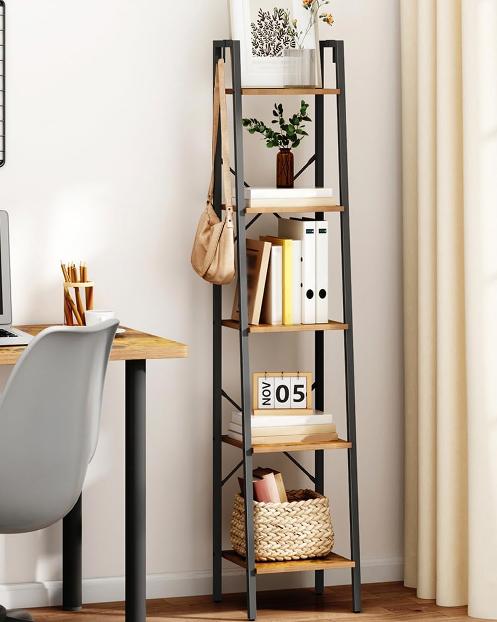 Hzuaneri Ladder Shelf, Bookshelf Bookcase, Freestanding Corner Storage Shelve with 2 Hooks for Home Office, Living Room, Kitchen, Bedroom, Industrial, 11.8" D x 13.4" W x 63" H, Rustic Brown BC03201B