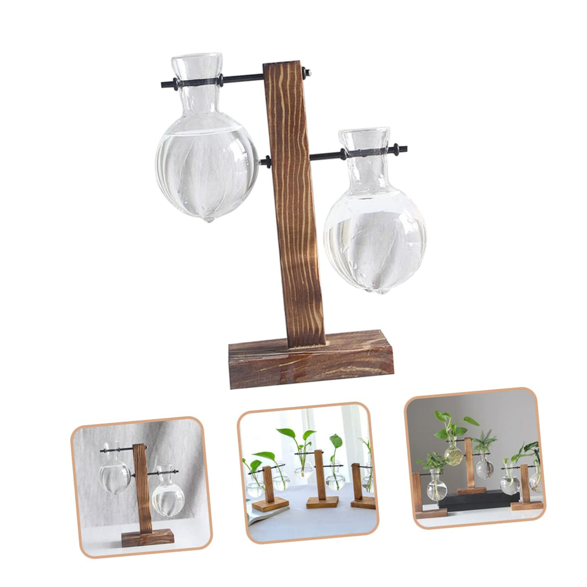 UPKOCH 2pcs Hydroponic Glass Vase with Wooden Stand Modern Terrarium Planter for Home Office Decoration Clean Sanitary Plant Display Elegant Desktop Ornament