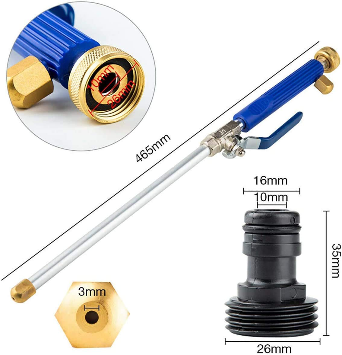 High Pressure Power Washer Attachment Wand, Hydro Jet Water Hose Nozzle,Watering Sprayer Cleaning Tool, Wand Lance for Gutter Patio Car Pet Window Glass Blue