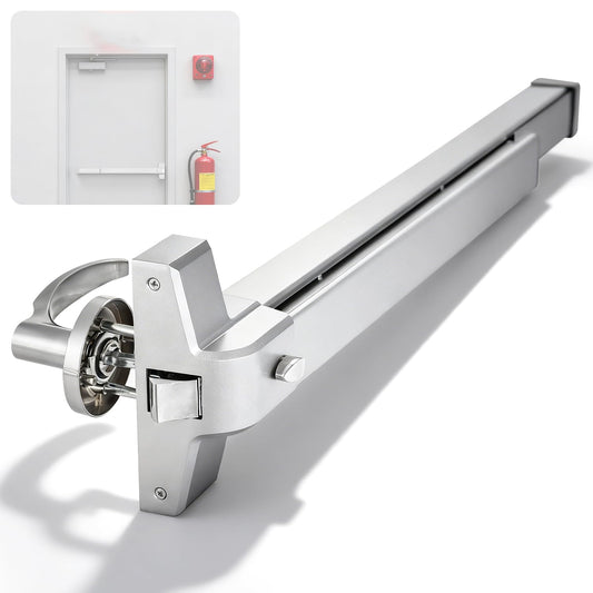 IRONWALLS 32 Inch Panic Bars for Exit Doors, Commercial Emergency Exit Push Bar Panic Exit Device with Exterior Lever Trim for 32" to 48" Wood Metal Door, Heavy Duty Steel Panic Door Hardware, Silver