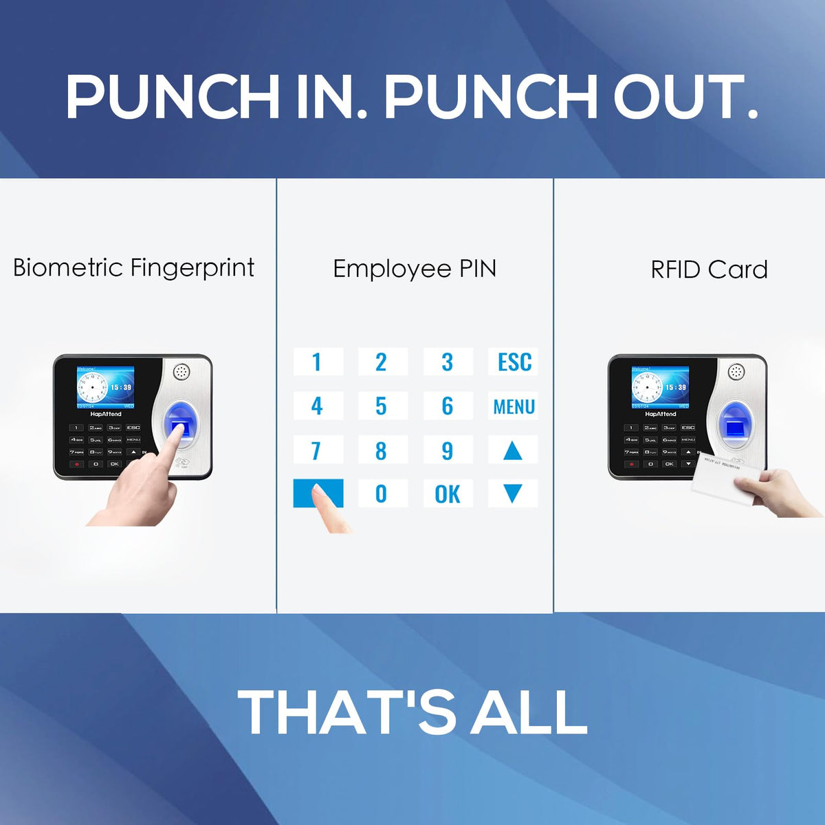 HapAttend Time Clock Bundle with 15 RFID Cards, 0 Monthly Fees Standalone Biometric Time Attendance Punch Machine with Fingerprint, RFID and PIN
