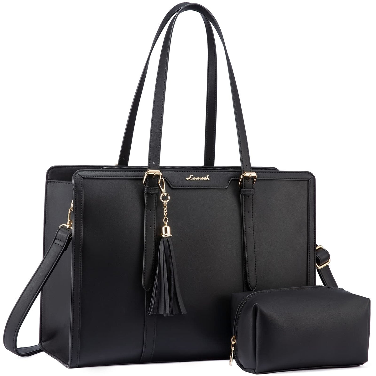 LOVEVOOK Laptop Bag for Women 17.3 Inch Lightweight PU Laptop Tote Bag, Large Capacity Computer bag with Clutch Purse for Business, Work, Office, Travel, School, Casual(Black & Leather)