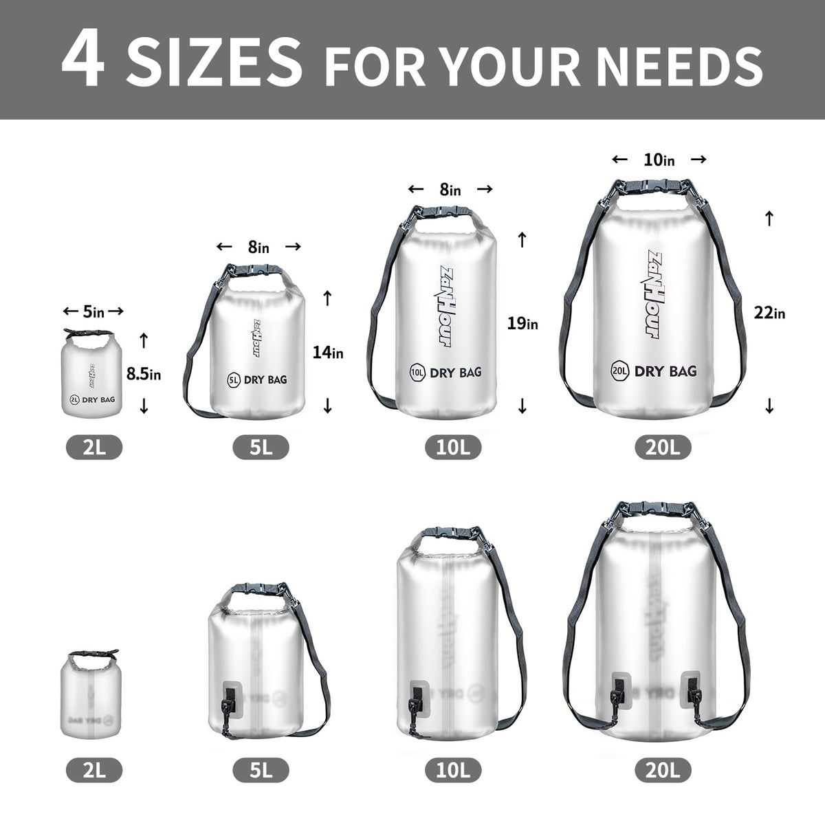 Zanhour Waterproof Dry Bag - Roll Top Transparent Storage Bag,2L/5L/10L/20L,Suitable for Traveling, Swimming, Kayaking, Camping, Fishing, Rainy Day Trips