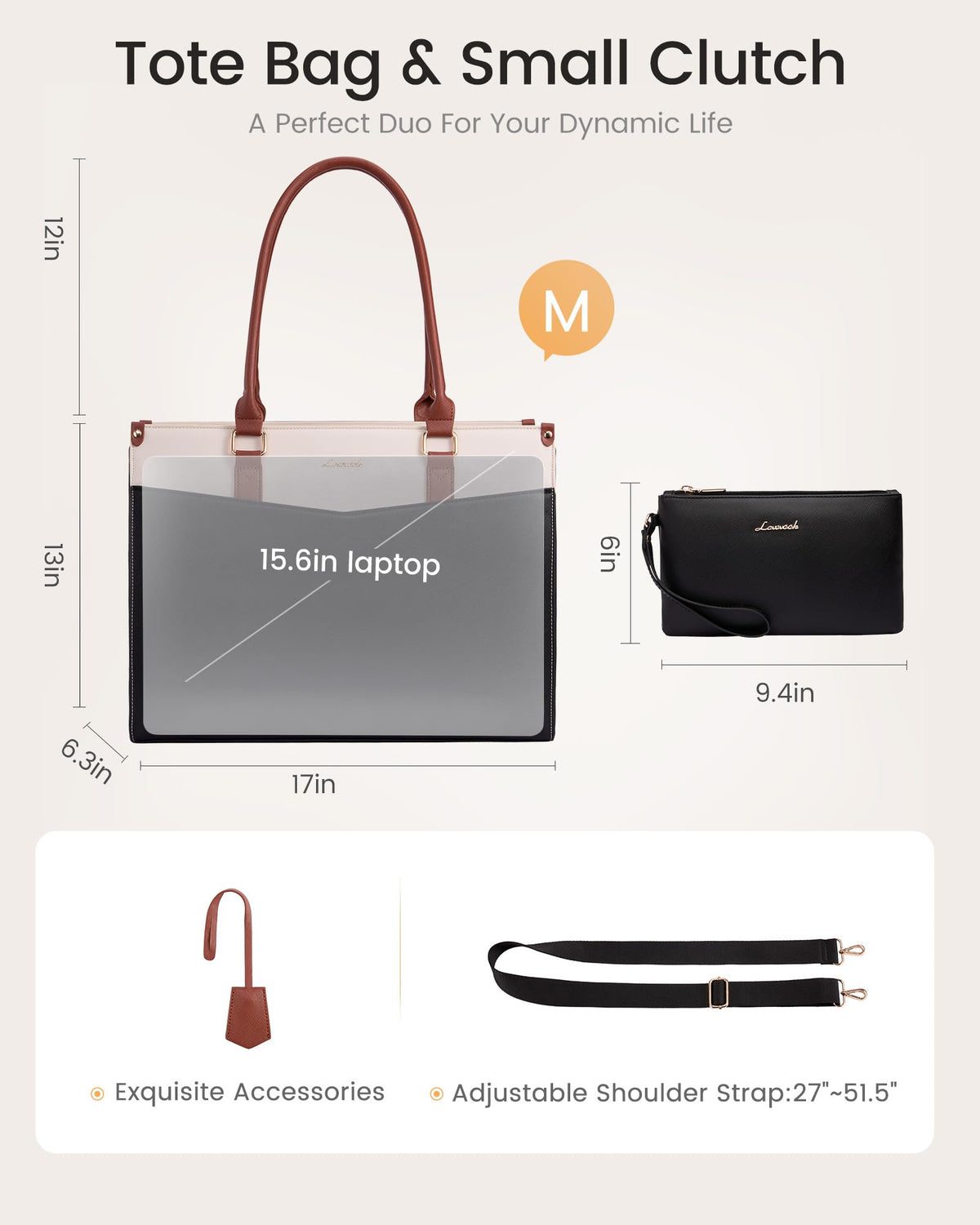 LOVEVOOK Professional Laptop Tote Bag for Women 15.6 inch, 2-in-1 Structured Leather Tote Purse with Clutch & Cup Holder, Large Capacity Work Briefcase for Office Travel, Black-Grey