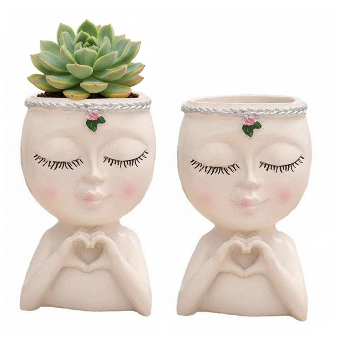 Face Planter Pot with Heart Hands, Unique Resin Head Planter for Indoor Plants, Cute S-ucculent Pots with Drainage Hole, Decorative Makeup Brush Holder for Vanity, for Women