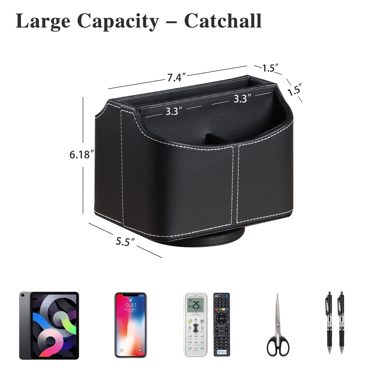YAPISHI Leather Remote Control Holder, 360 Degree Spinning Desk TV Remote Caddy/Box,Bedside Table Organizer for Controller, Media, Mail, Calculator, Mobile Phone and Pen Storage