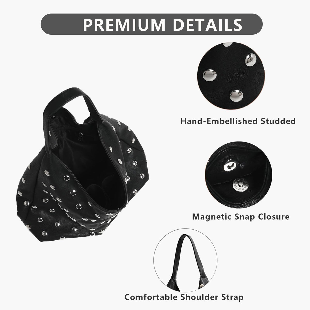 Liziblloy Studded Purse Soft Leather Studded Bags for Women Studded Slouchy Hobo Shoulder Handbag Tote Purse,Black