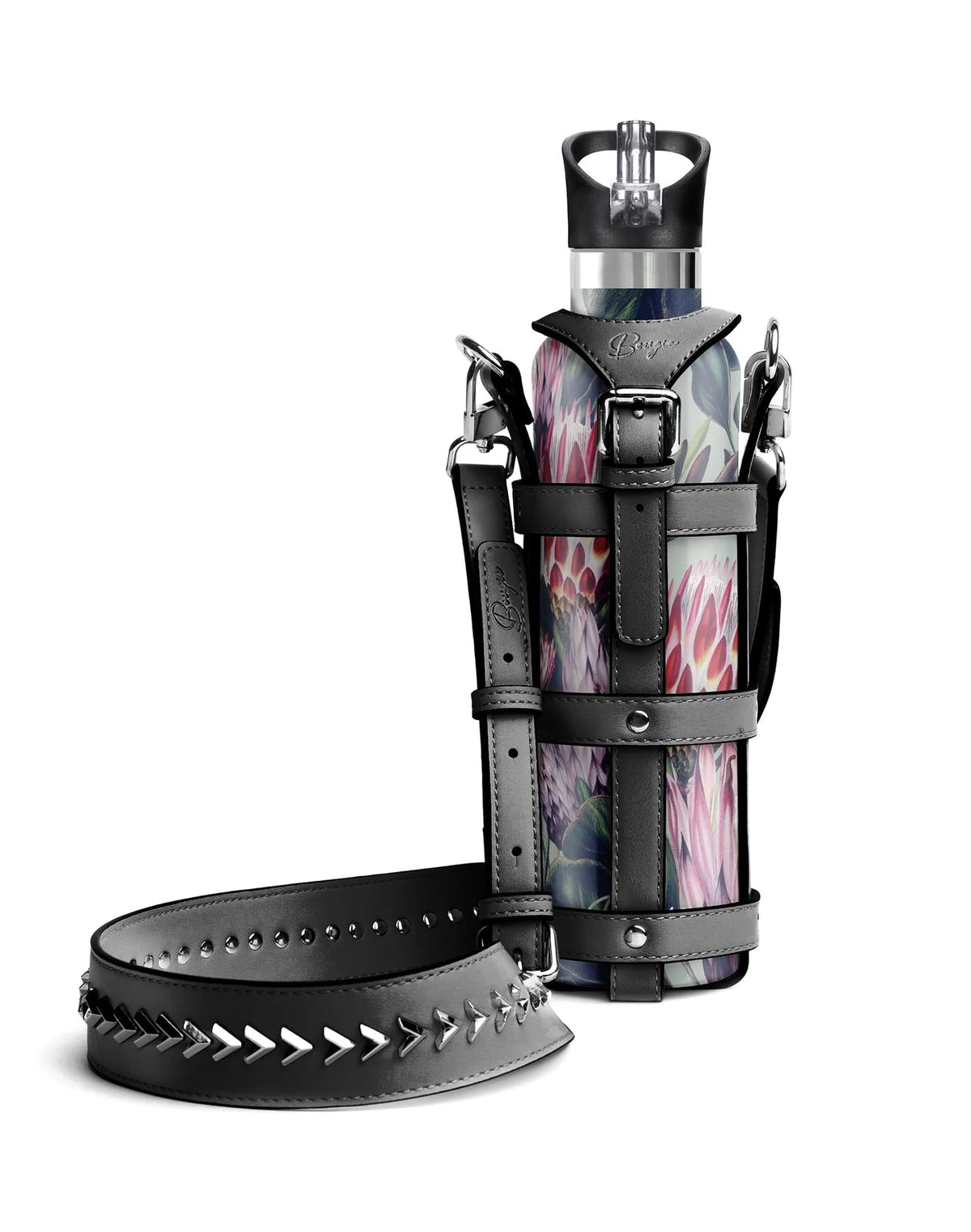 Bougie Sling Water Bottle Carrier, 38-inches Length, Vegan Leather, Black, Kitchen Décor
