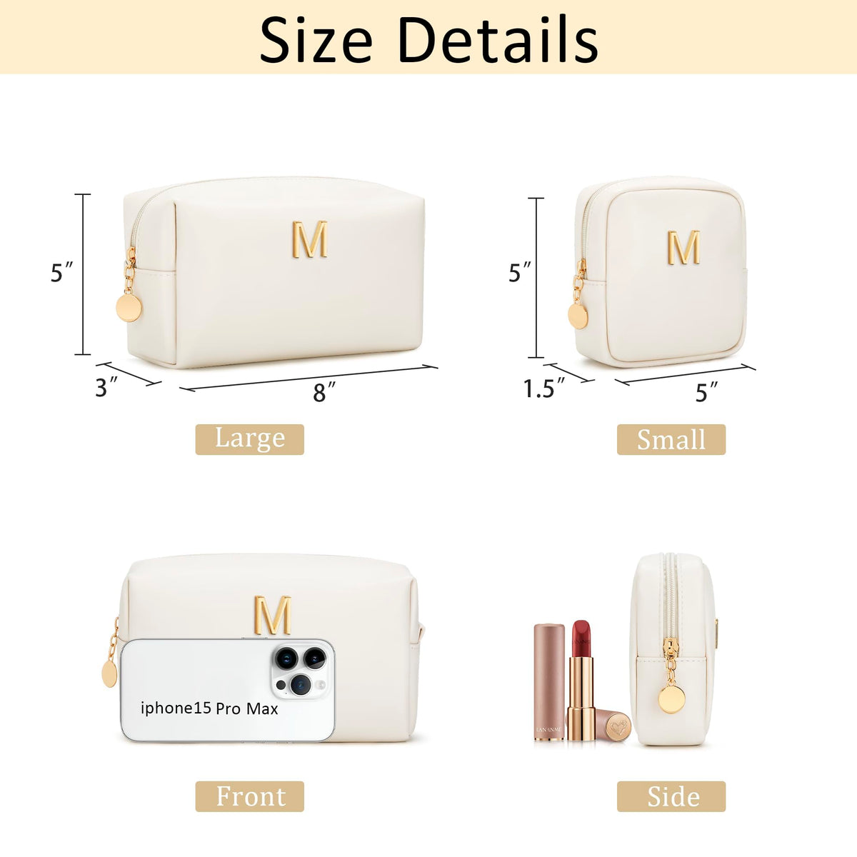 CLOUDWINGS Personalized Birthday Gifts for Women - Initial Makeup Bag Set Travel Toiletry Bag Cosmetic Bags Soft Waterproof PU Leather Makeup Pouch Travel Essentials (M, 2pcs Beige)