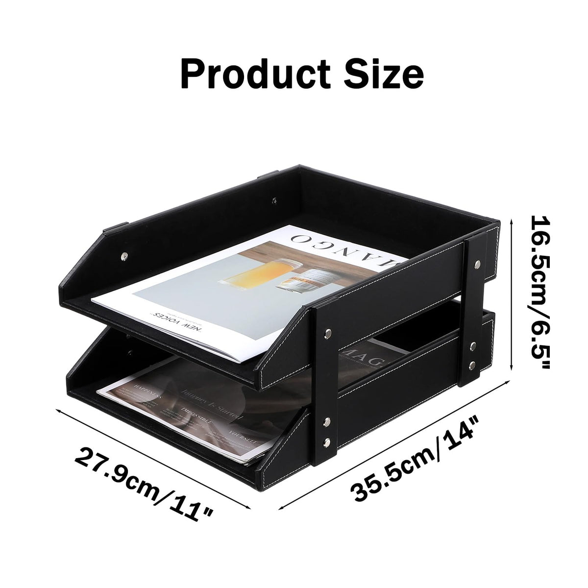 2-Tier Stackable Leather Desk Organizer, Letter Tray Holder for File, A4 Paper, Magazine & Stationery, Desktop Storage Box for Office & Home (Black)