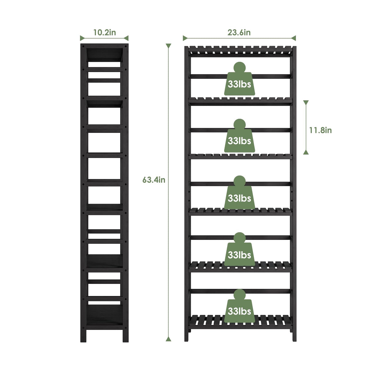 Bamjoy Bamboo Shelf, 6-Tier Bookshelf Adjustable Storage Shelves, Tall Shelving Unit Plant Stand, Storage Rack for Bathroom Home Office Living Room Kitchen, 23.6W x 10.2D x 63.4H Black