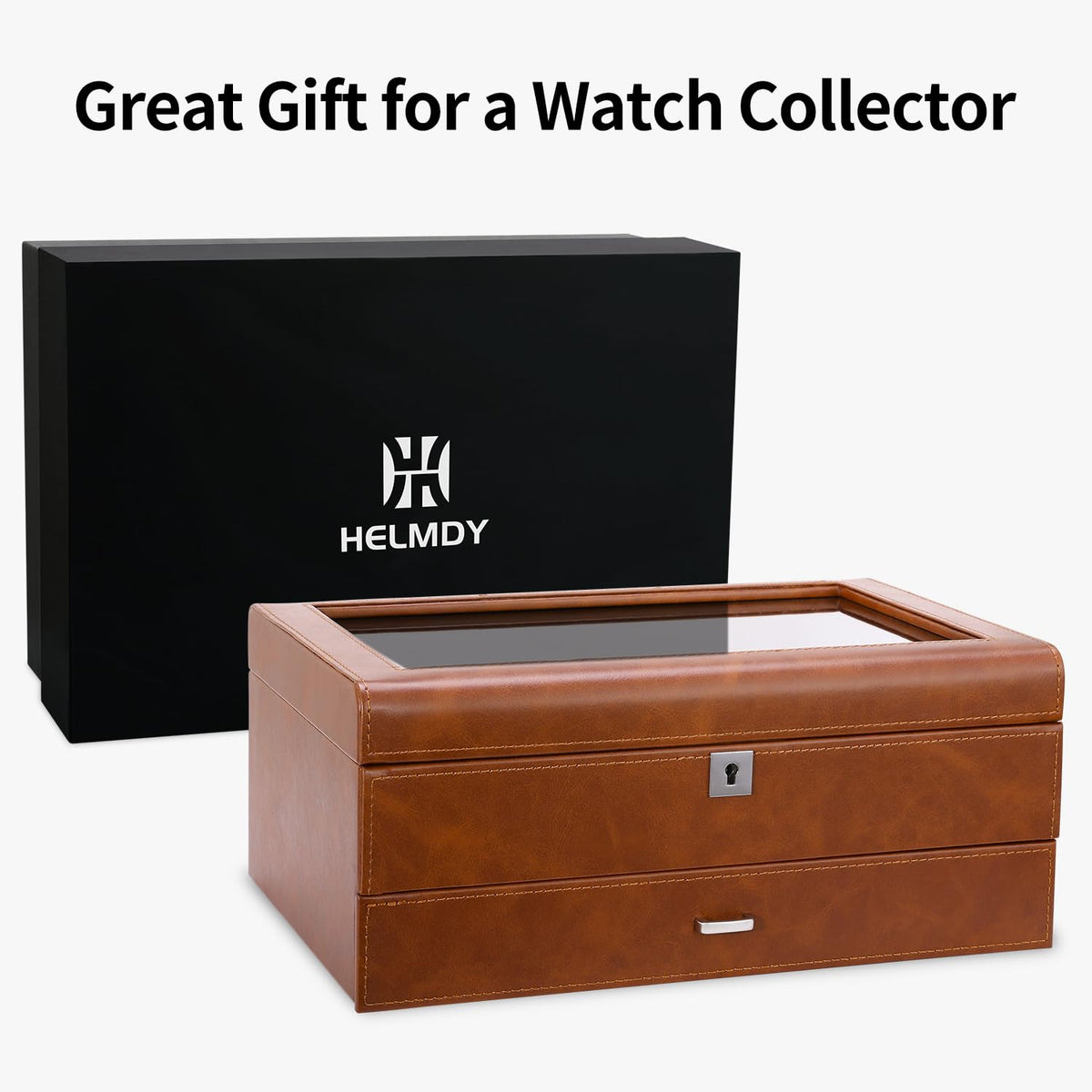 HELMDY Leather Watch Box with Drawer-10 Slots Locking Jewelry Watches Holder for Men-Luxury Watch Case Display Organizer-2 Tier Organizer Watch Showcase-Storage Case