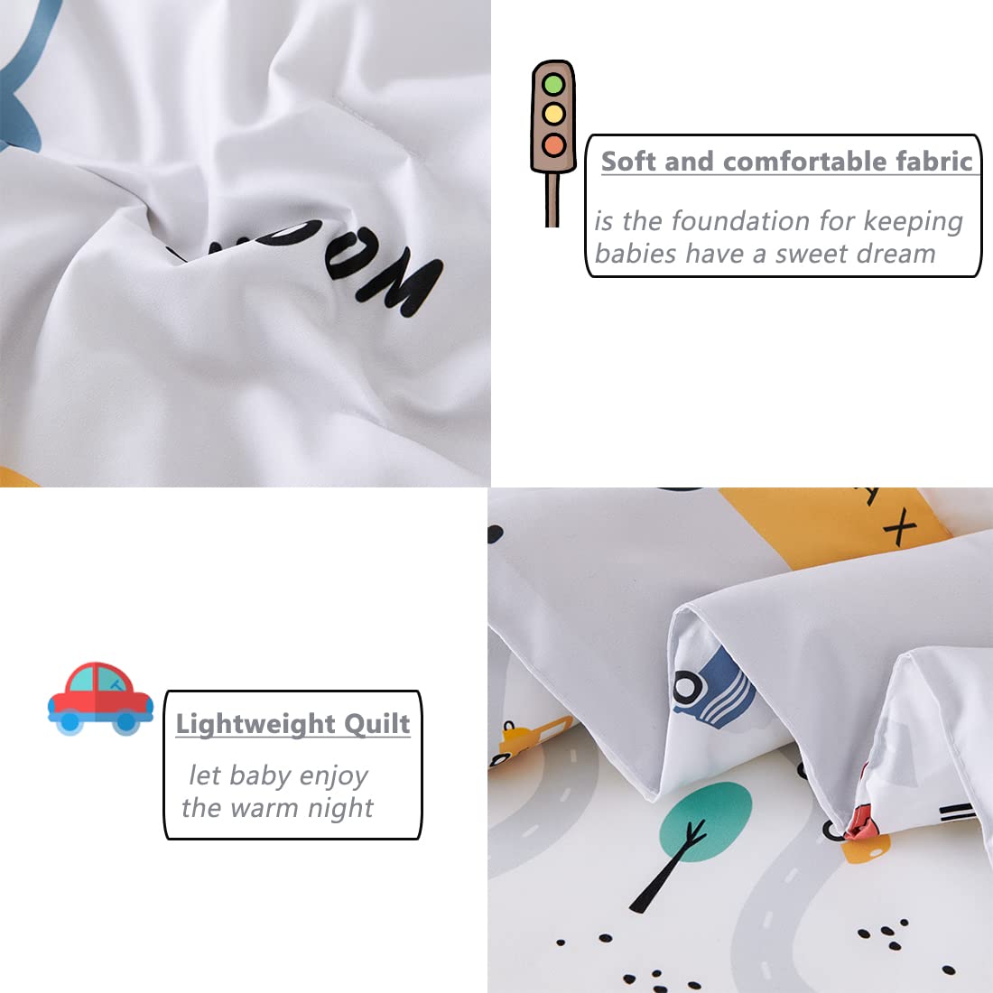 PERFEMET 4 Pcs Toddler Bedding Set - Soft Reversible Cars, Bus, Trucks Print Toddler Bed Set for Boys & Girls - Matching Sheet Set (Light Grey, Taxis/Bus/Trucks)