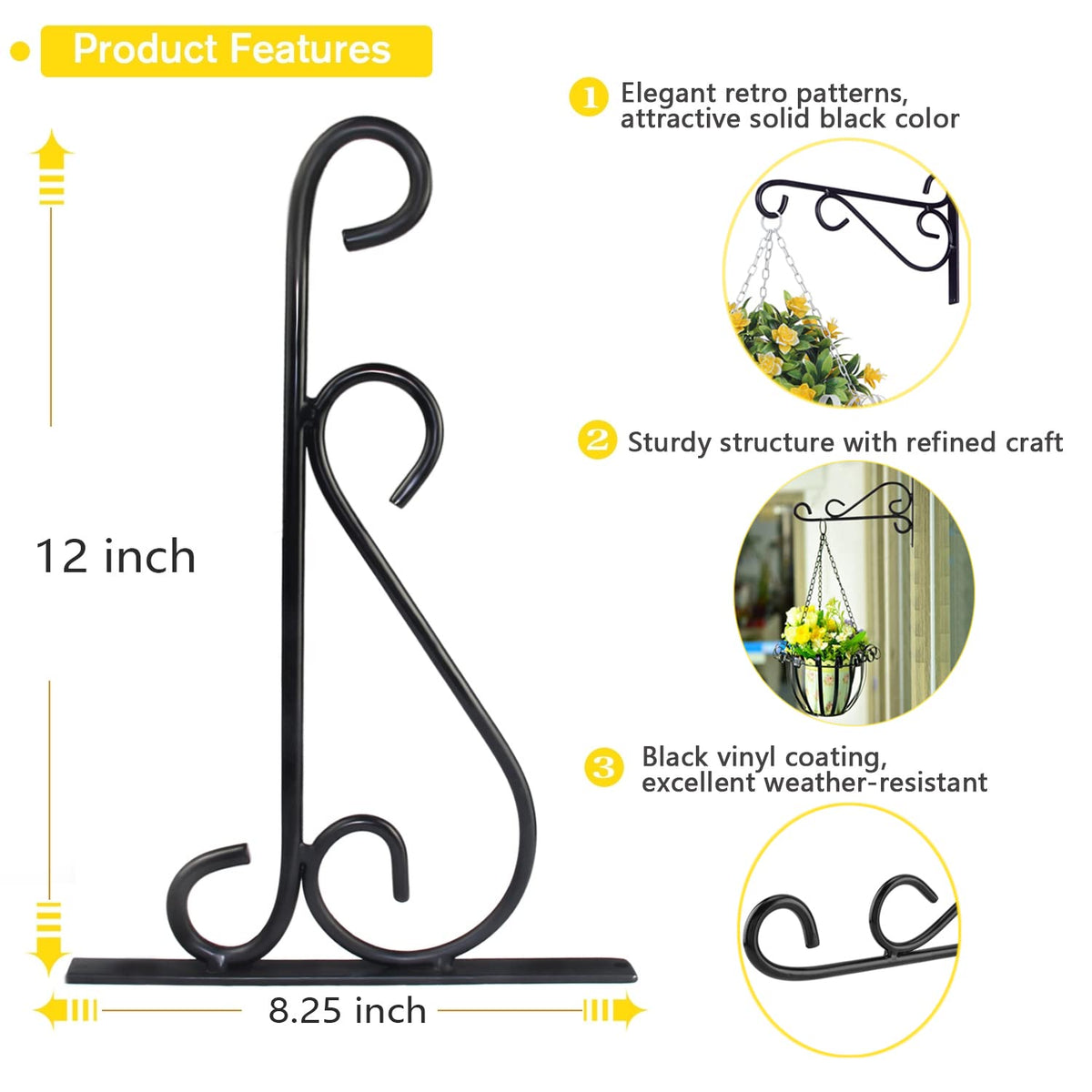 12 Inch Hanging Plant Bracket, Thick Solid Steel Wall Mount Bracket for Heavy Duty Decorations, Rust-Resistant Plant Hanger Hook for Planters, Wreaths, Fruit baskets, Wind Spinners, Lights, Lanterns