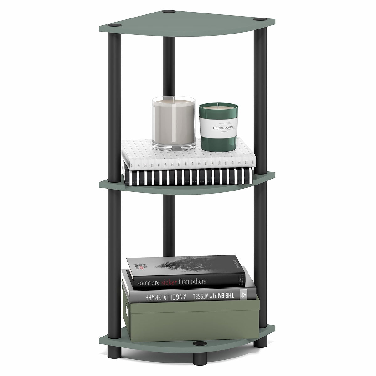 Furinno Turn-N-Tube Corner Shelf, 3-Tier Corner Bookshelf, Display Storage Shelves with Open Shelves, for Organization and Storage, Living Room, Home Office, Garage, Sage Green