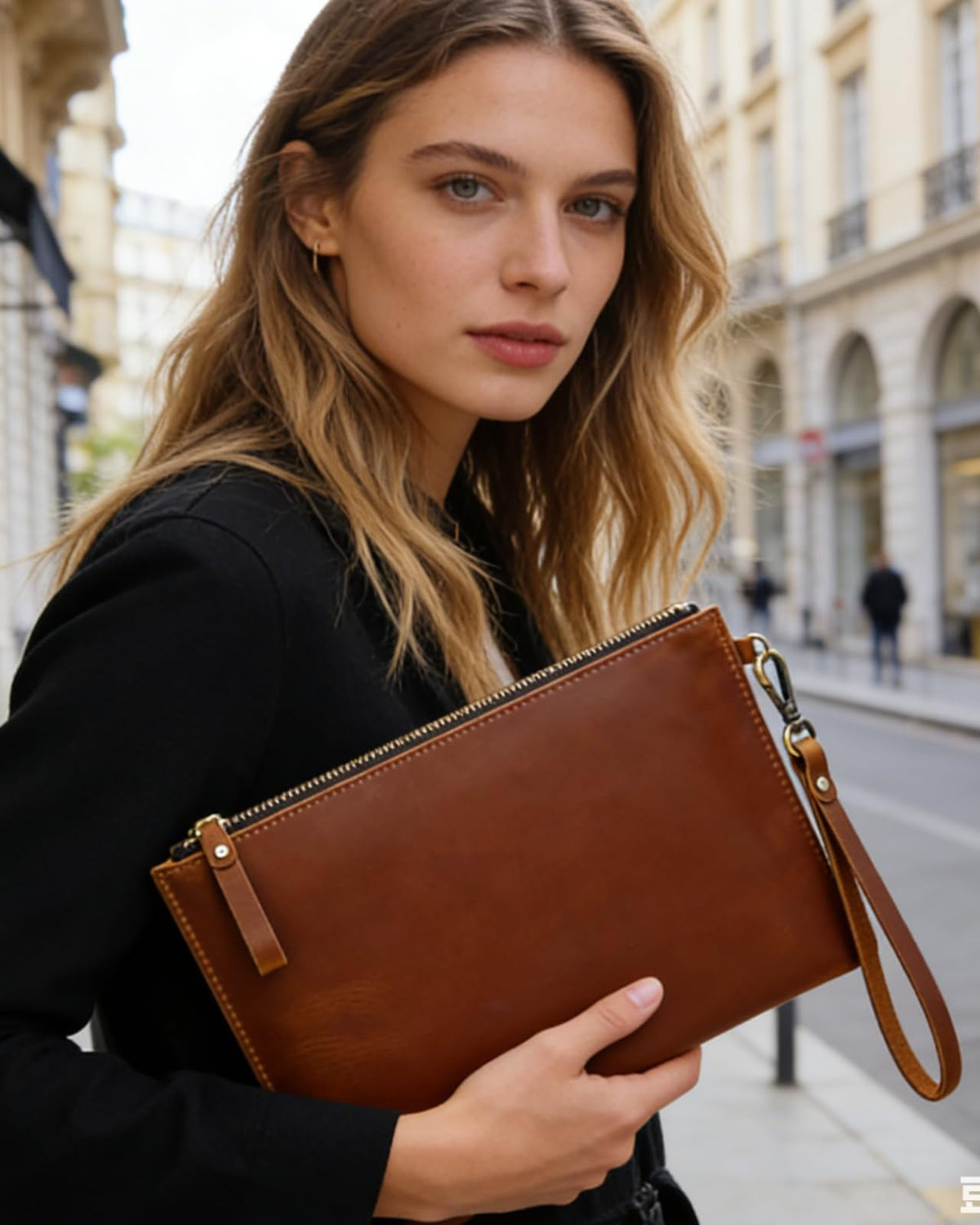 Inkfew Genuine Leather Wristlet for Women and Men, Leather Clutch Business Briefcase Tablet Sleeve Bag with Zip Closure